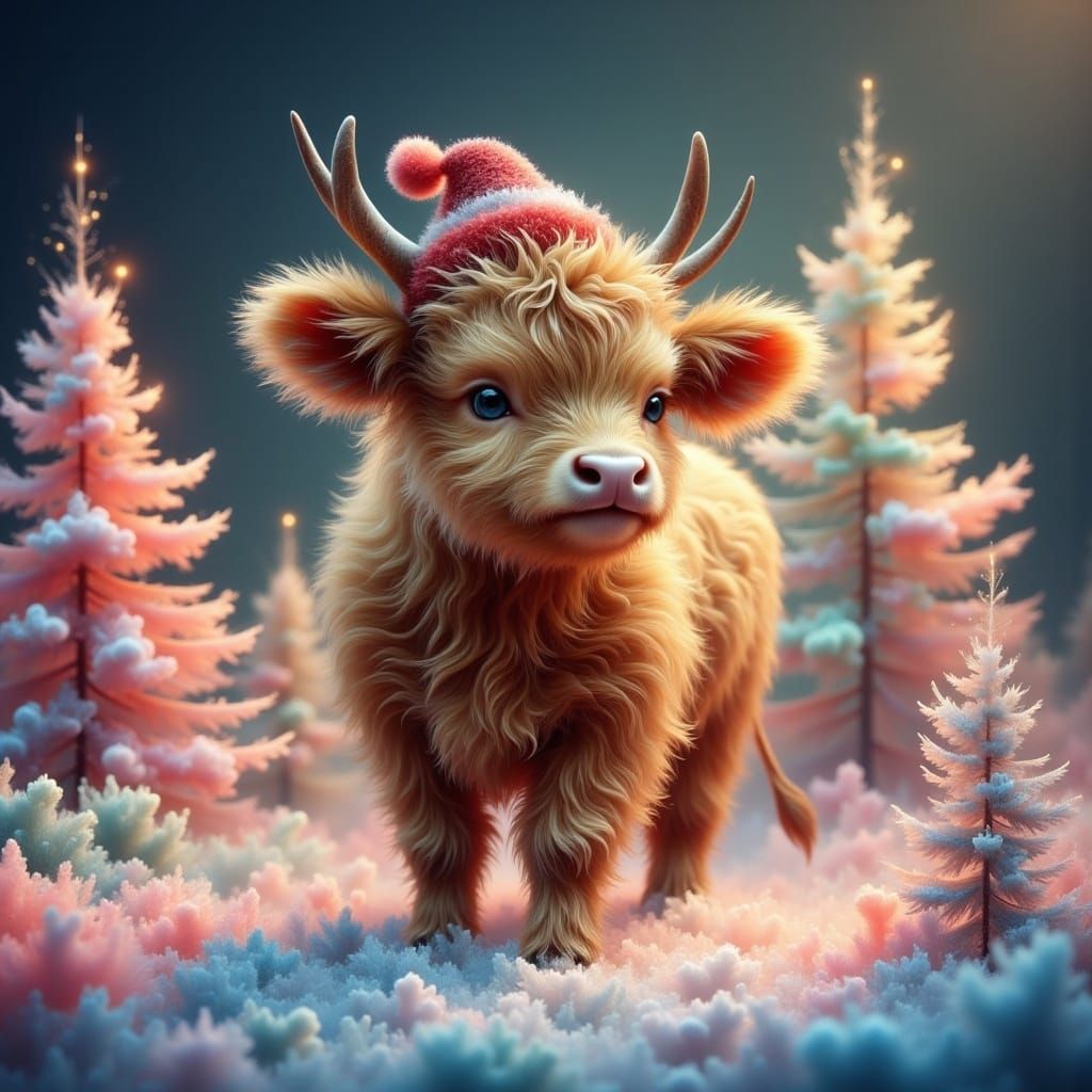 Mystical Highland Cow in Iridescent Snowfield