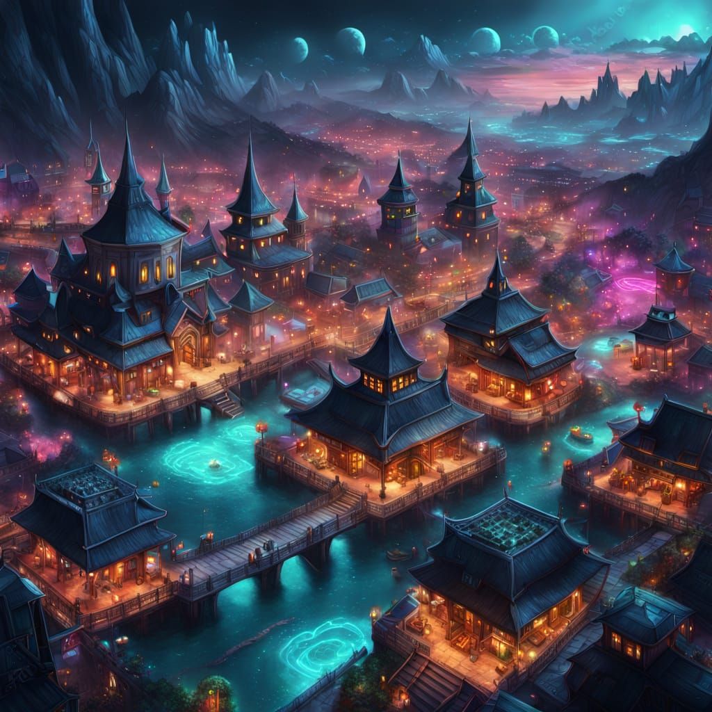 Glowing Fantasy City Map: Bird's Eye View