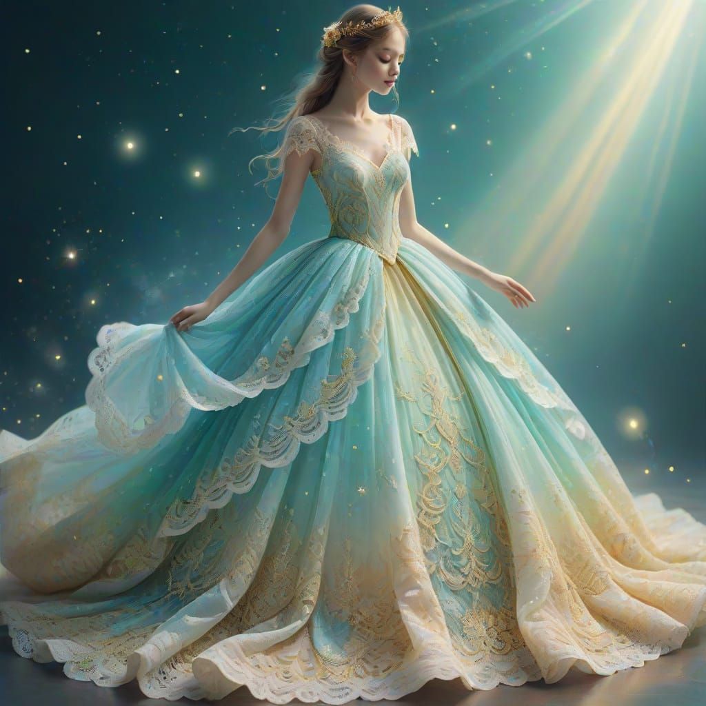Astral Ball Gown: Mixed Media Holographic Illustration