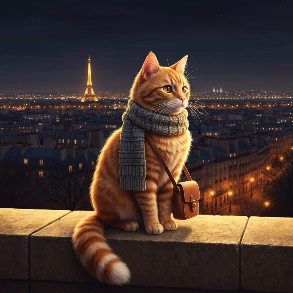 Ginger Cat Gazing at Paris City Lights
