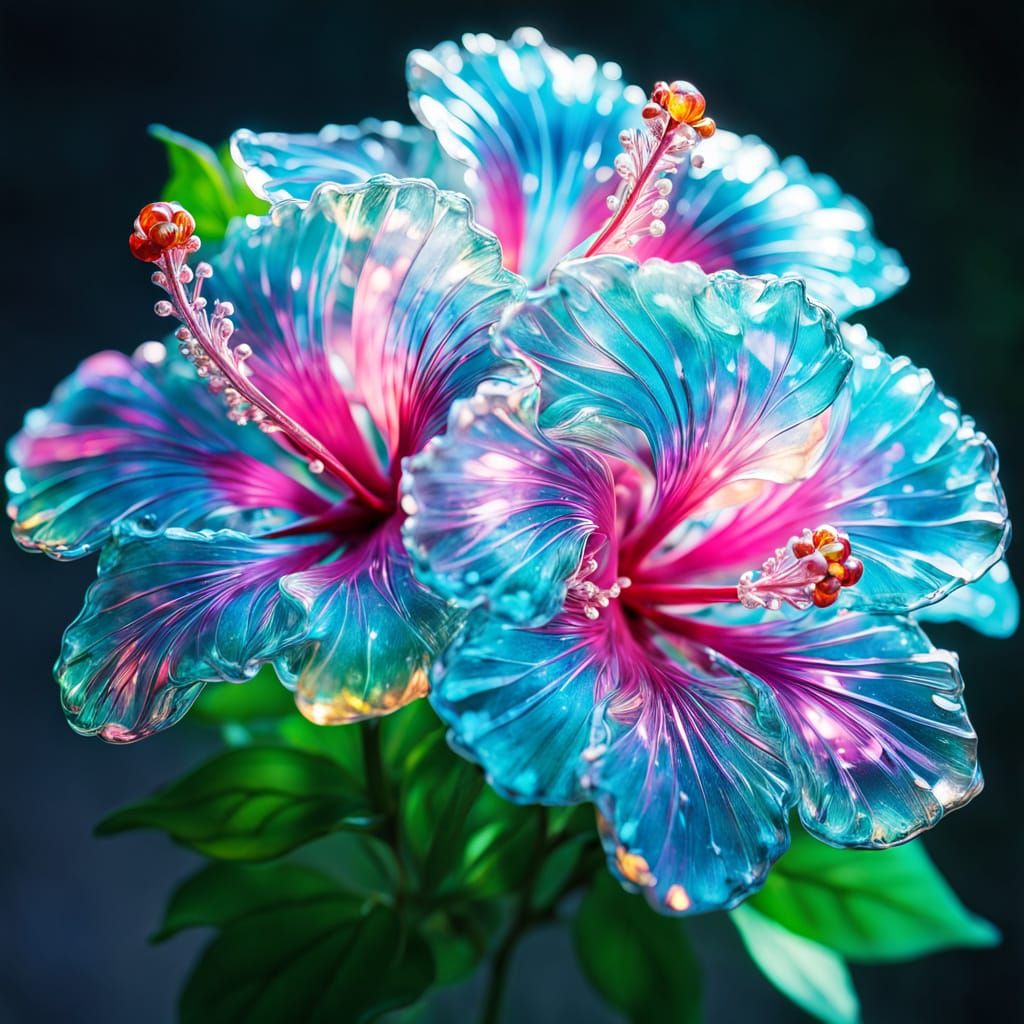 Sparkling Crystal Hibiscus Flowers in Ethereal Light