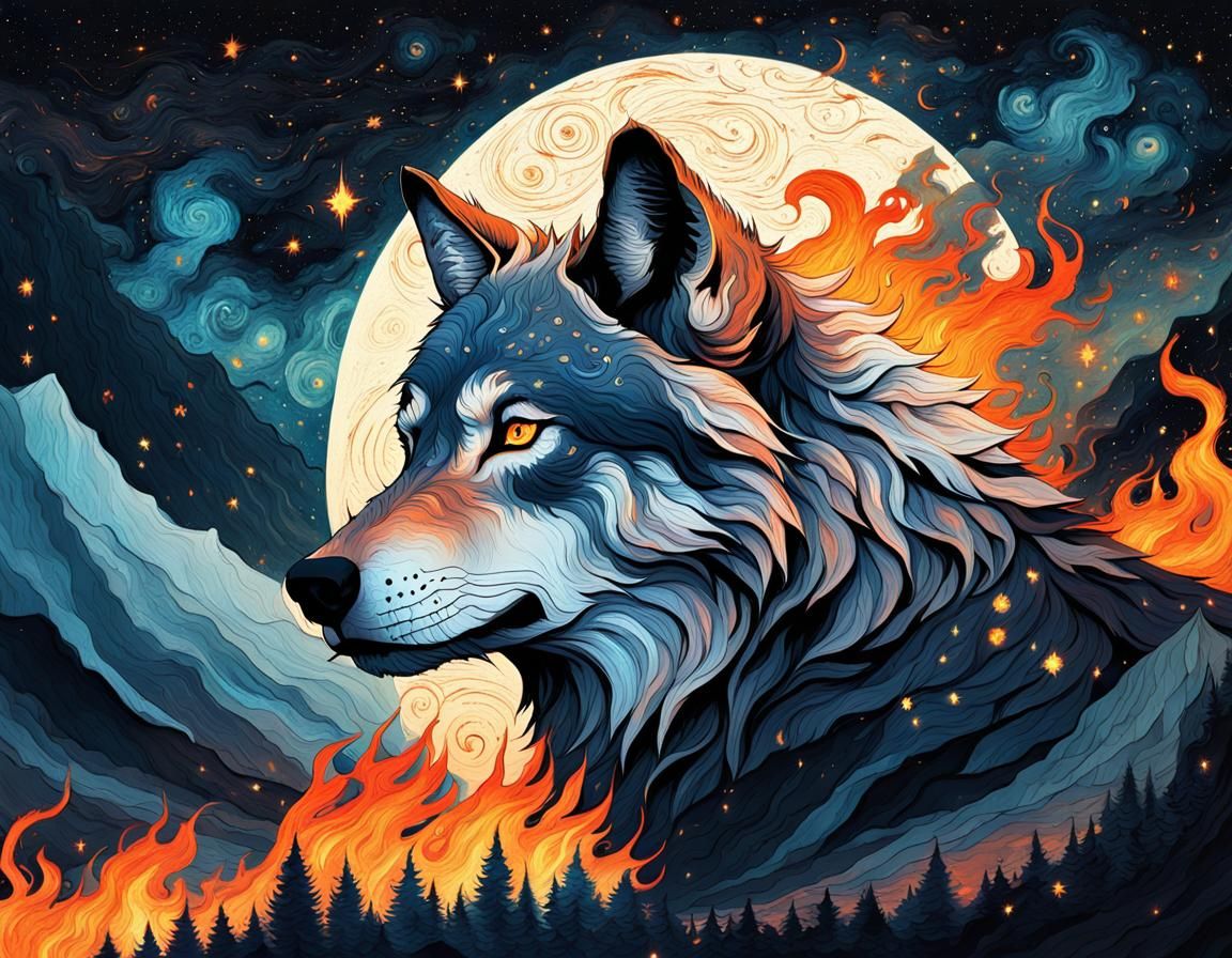 Flaming Wolf in Starry Night, Expressive Painting