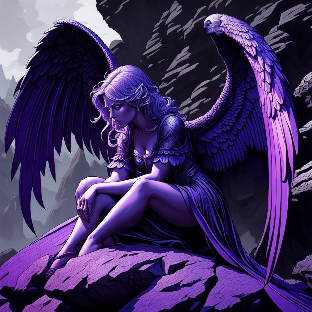 Fallen Angel with Purple Wings, Detailed Painting