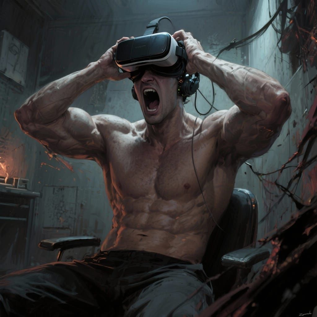 Man Struggles to Remove VR Headset in Dramatic Lighting