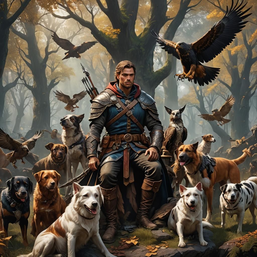 D&D Ranger with Hawk and Hounds: Detailed Matte Painting