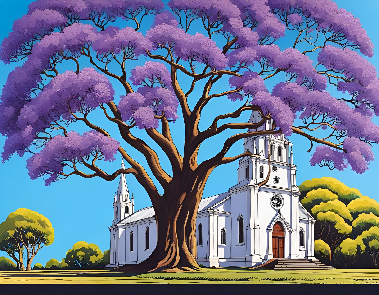 Jacaranda and Old Church in Acrylic Art