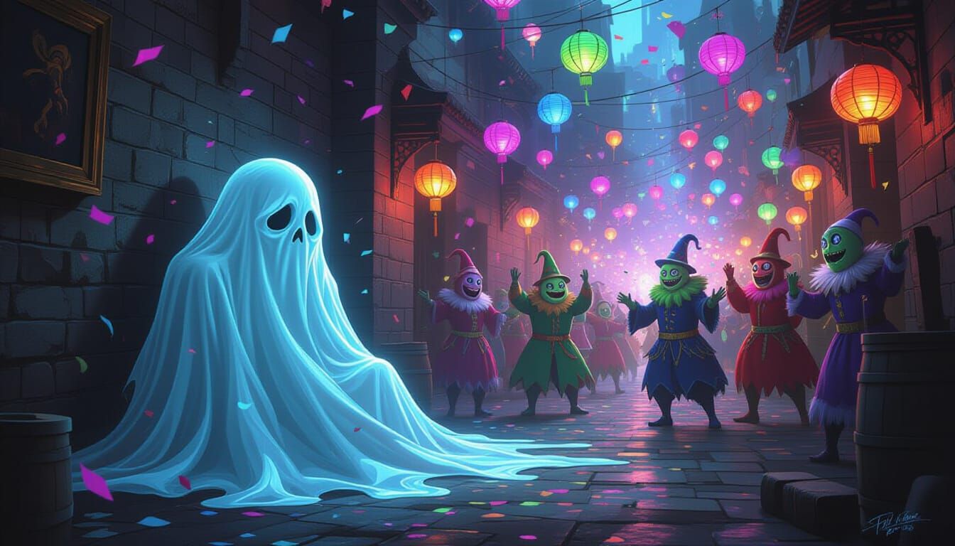 Ethereal Ghost Overwhelmed by Vibrant Monster New Year's Par...