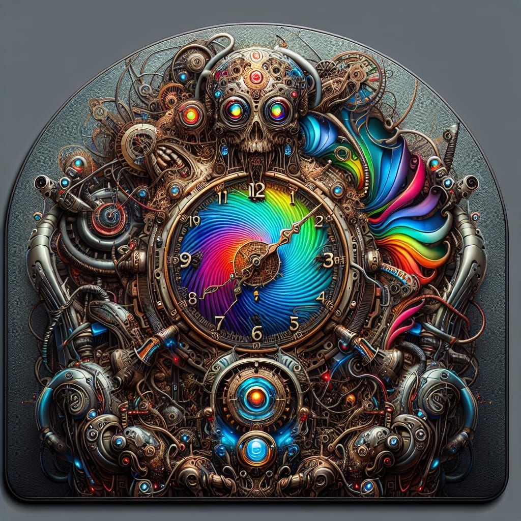 Rainbow Steampunk Clock in Sci-Fi Horror Setting