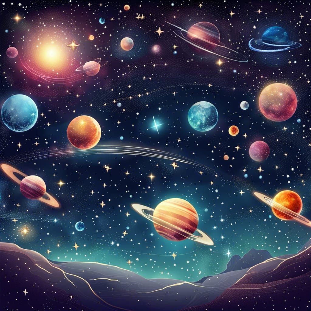Glittering Starry Sky with Planets and UFO