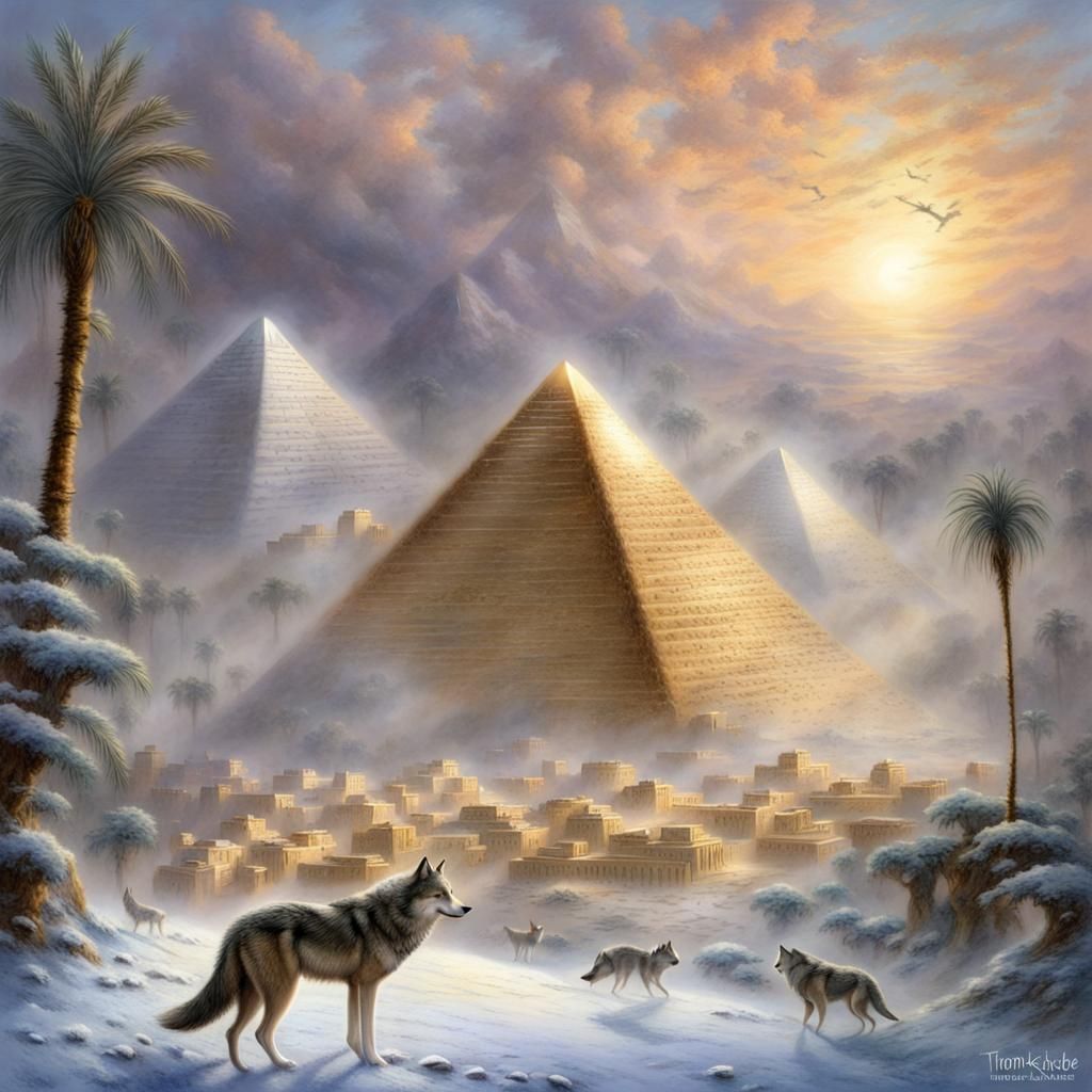 Snowy Egyptian Pyramid with Wolves in Fantasy Style