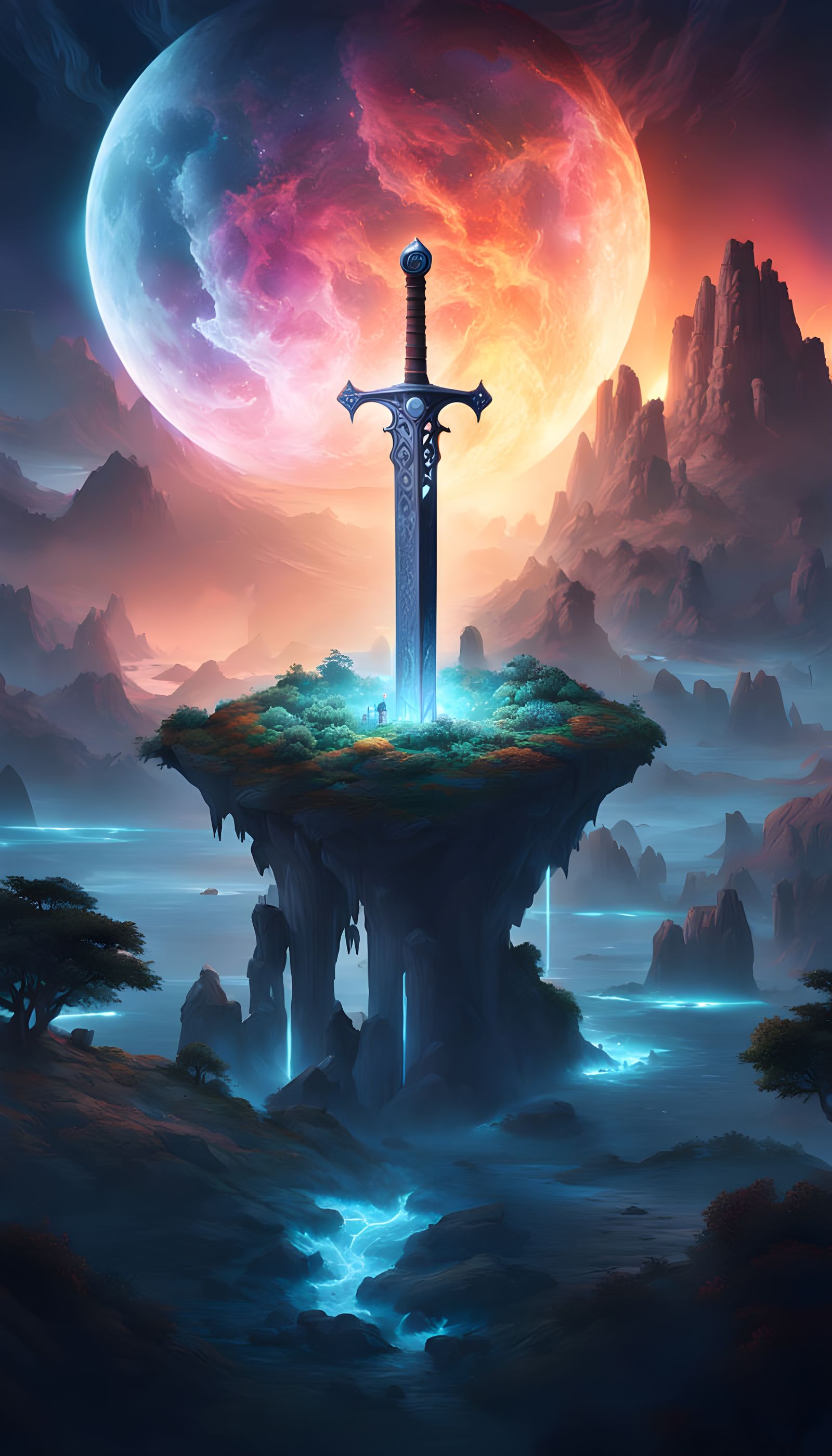 Ancient Sword on Crystalline Island in Psychedelic Nebula