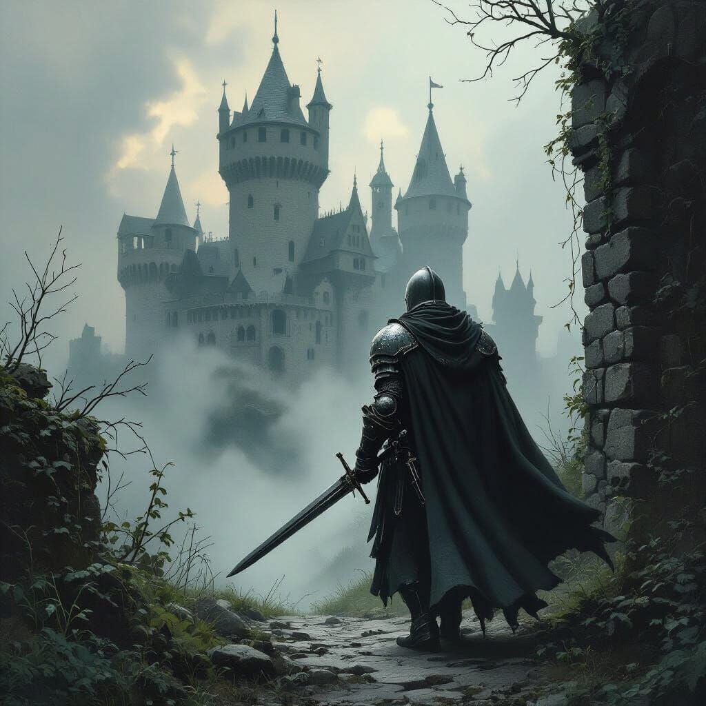 Knight Walks Beside Ominous Castle in Dark Fantasy Style