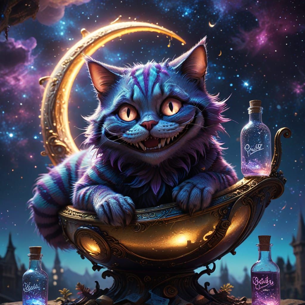 Whimsical Cheshire Cat on Crescent Moon in Starry Night Sky