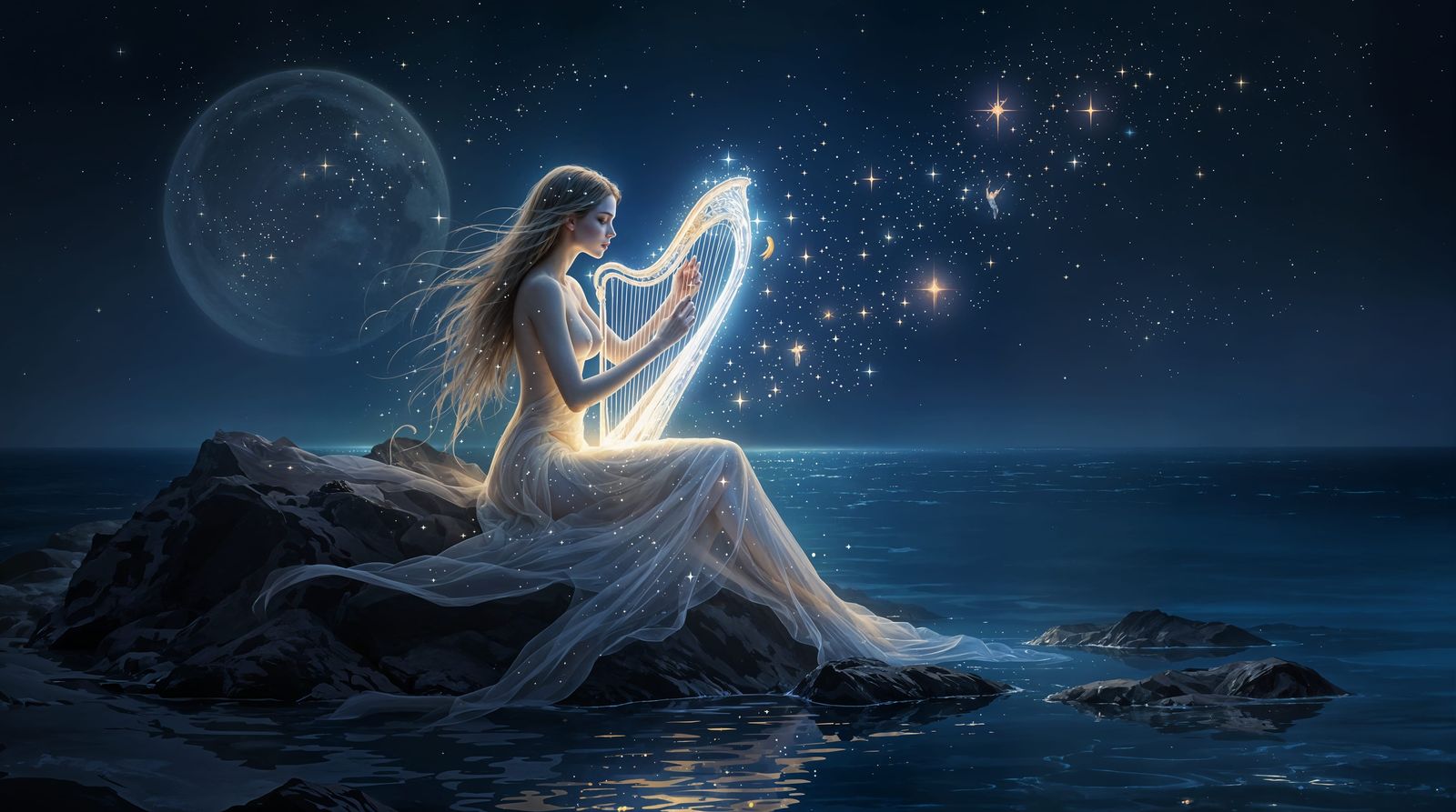 Ethereal Siren of Starlight in Moonlit Fantasy