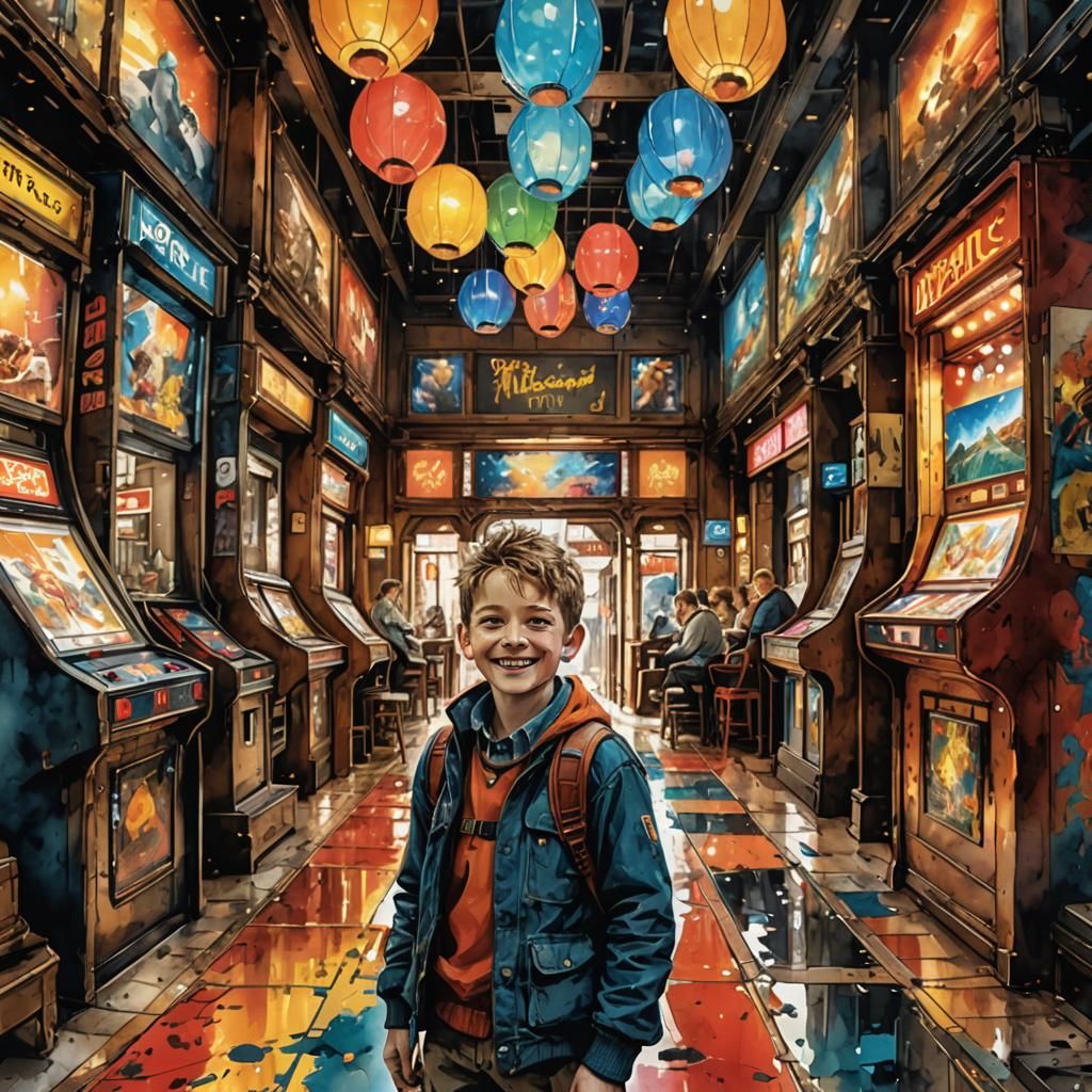 Boy at Vibrant Arcade Hall in Watercolor Style