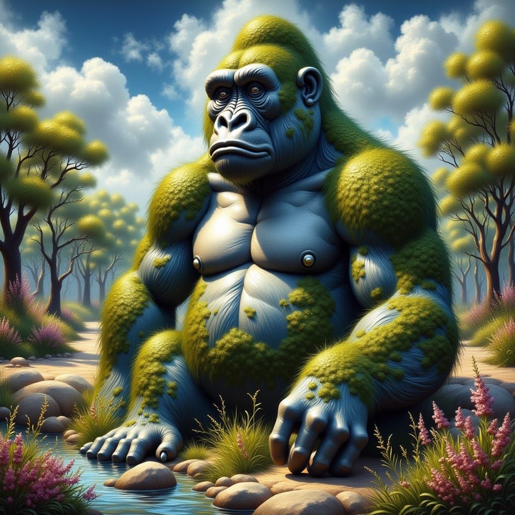 Surrealistic Stone Gorilla Statue in Dreamlike Oil Painting ...