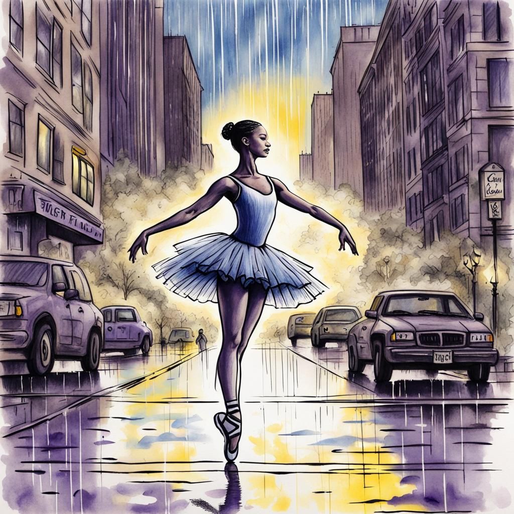 Ballerina Dances in Rainy Chicago: Ink Drawing