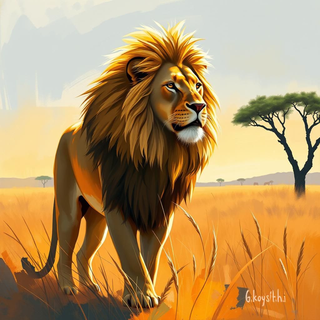 Majestic Lion in Sun-Drenched Savannah Landscape