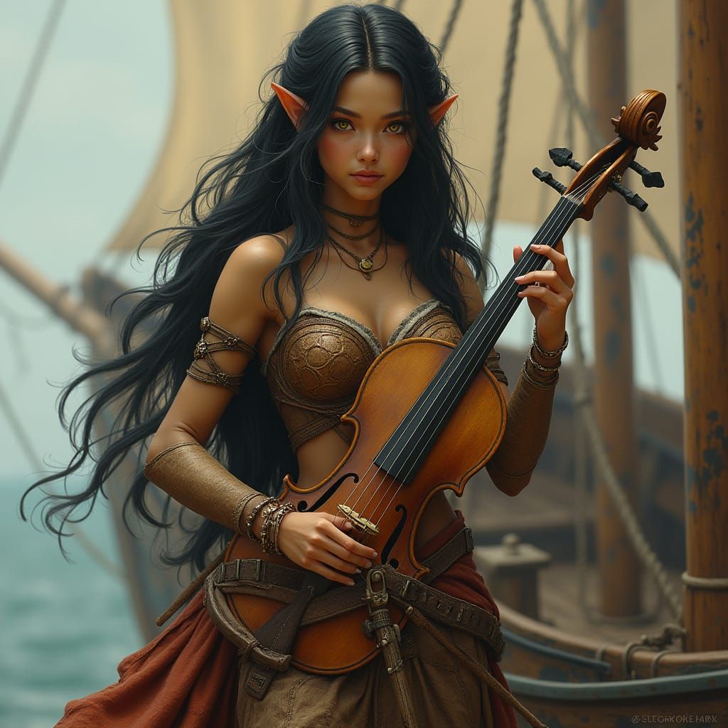 Faerie Bard on Ship with Fiddle