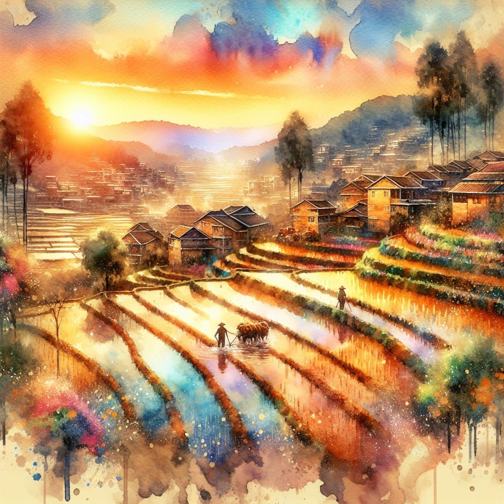 Impressionistic Terraced Village Scene with Fantasy Elements...