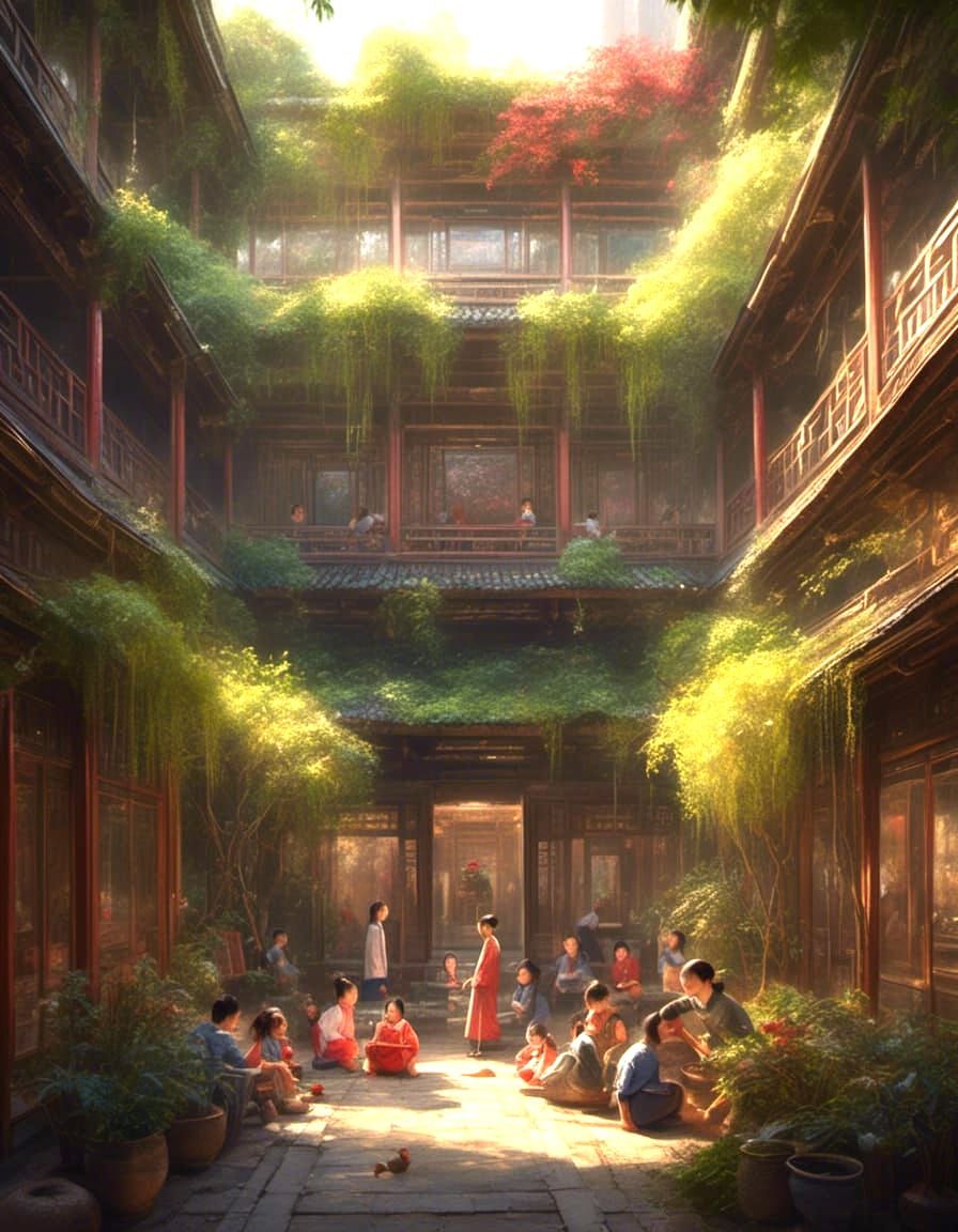 Vibrant Oil Painting: Chinese Courtyard Scene