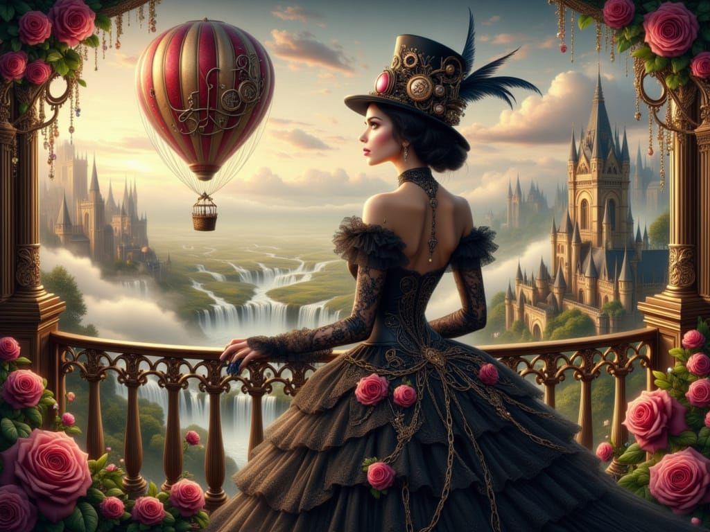 Steampunk Lady Contemplates Gothic Landscape