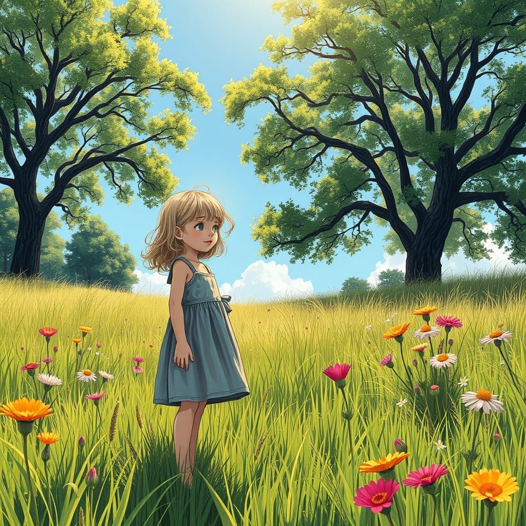 Girl in Meadow: Hyper-Realistic Comic Book Illustration