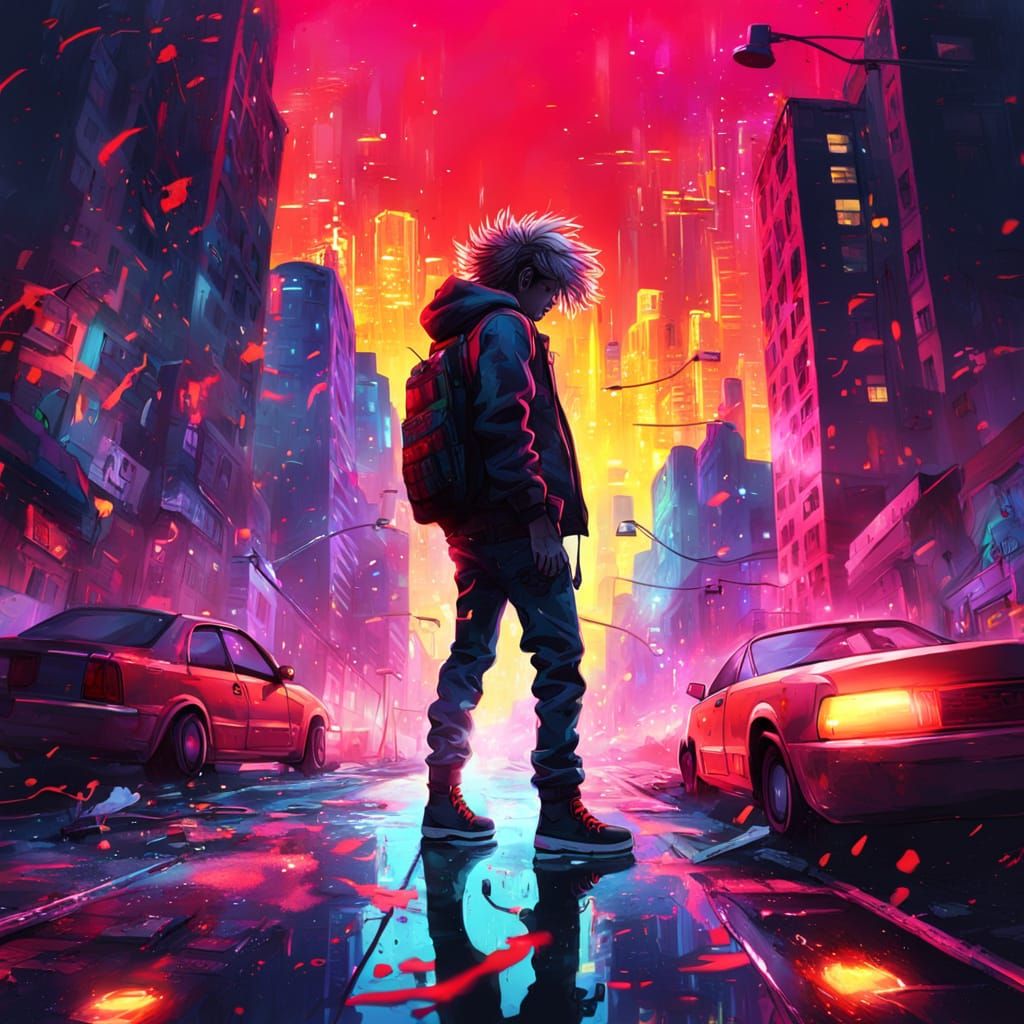 Angry Teenager Falling Through Neon Urban Fantasy Cityscape