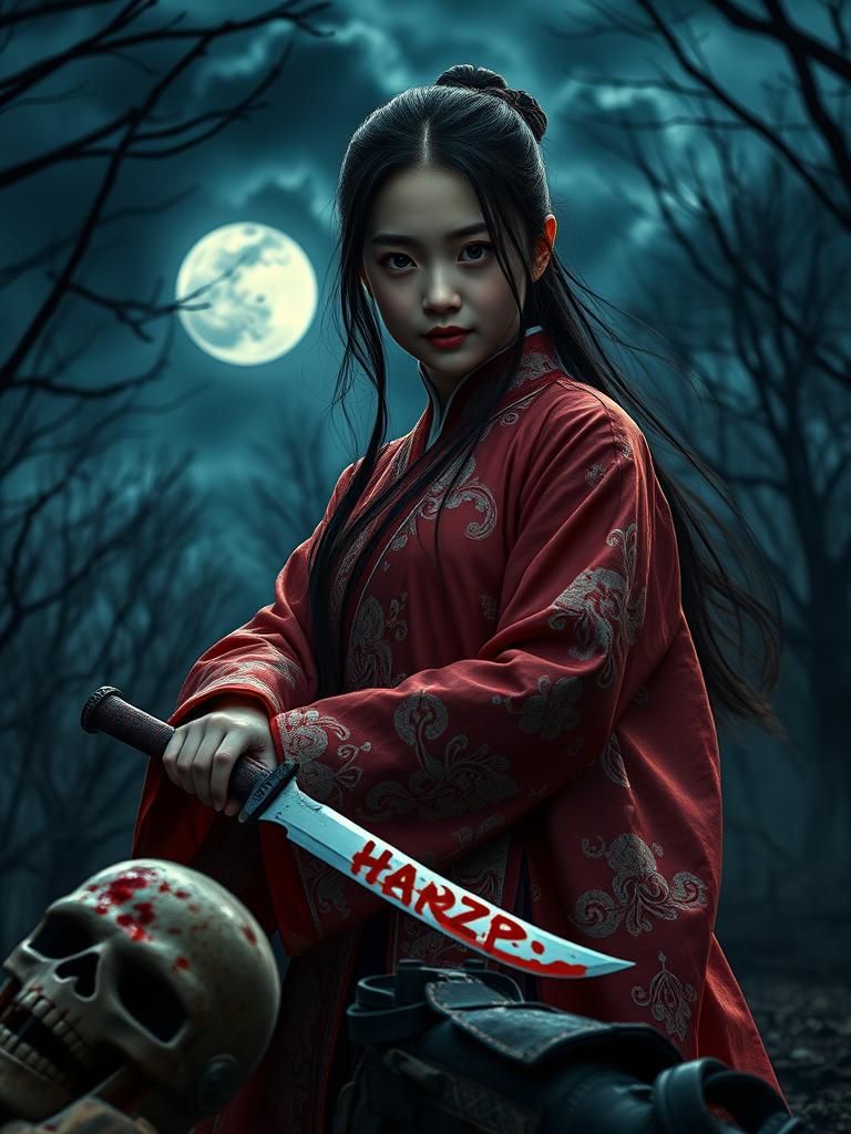 Chinese Girl with Bloody Blade in Moonlit Forest