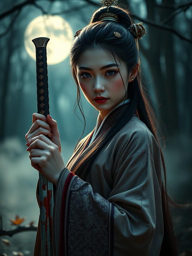 Chinese Maiden with Bloodied Blade in Moonlight