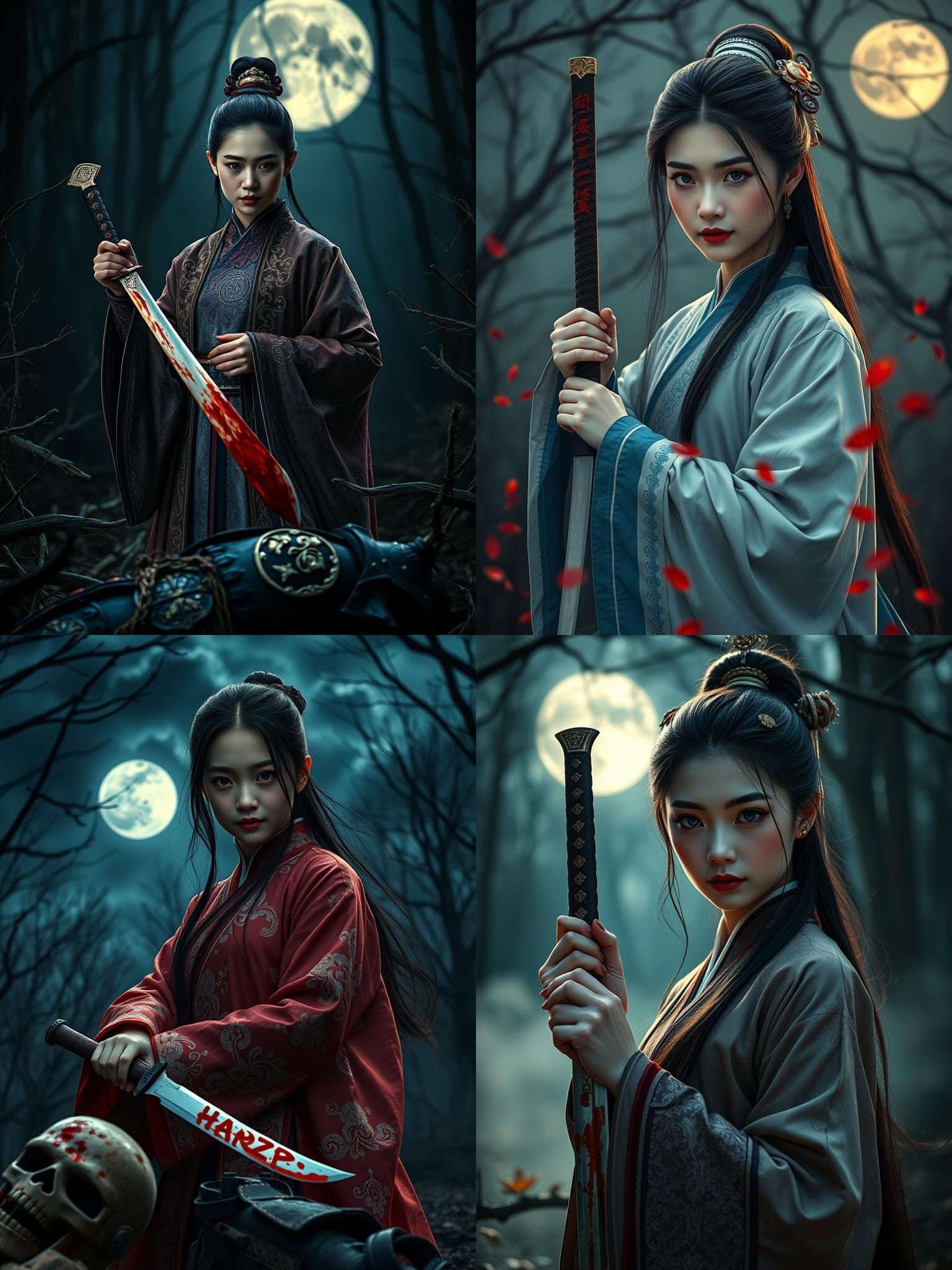 Chinese Girl with Bloody Blade in Gloomy Forest