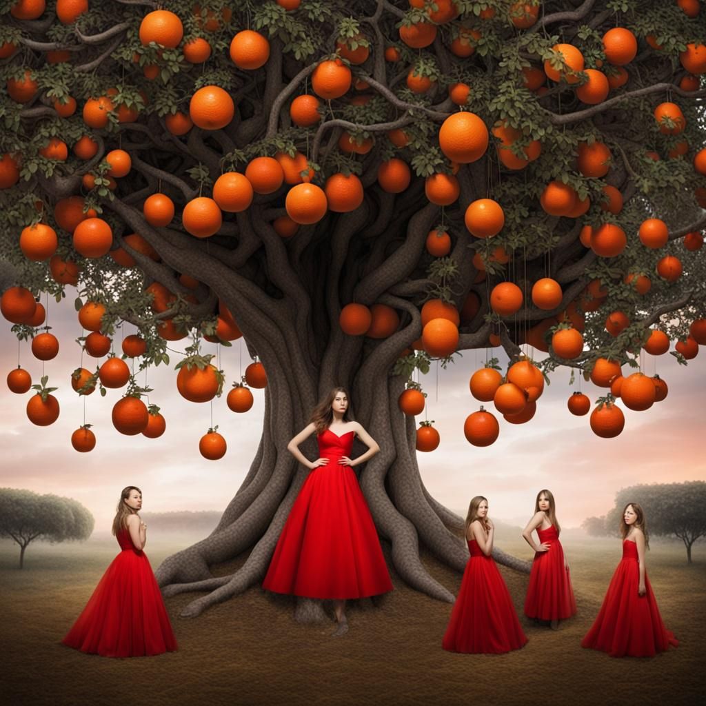 Surreal Tree Bearing Fruit With Women in Red