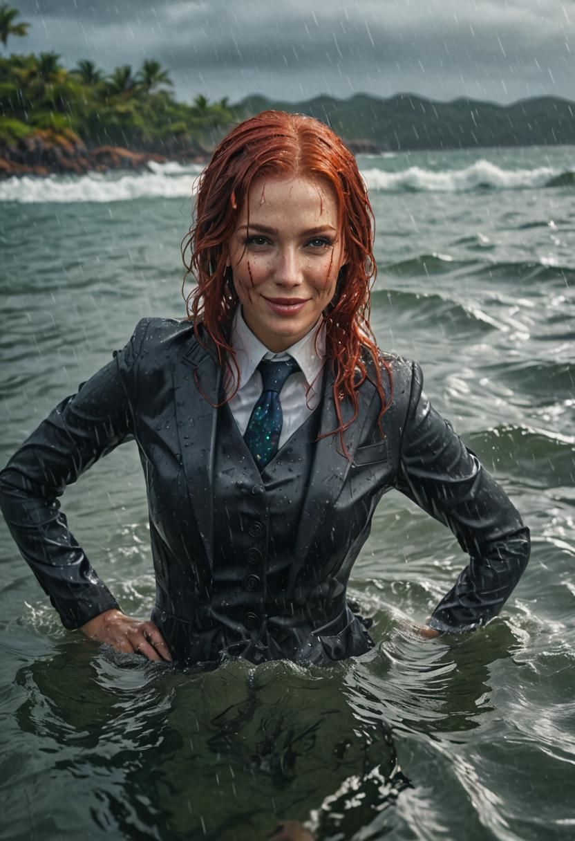 Glamorous Woman in Wet Suit: Photorealistic Seascape