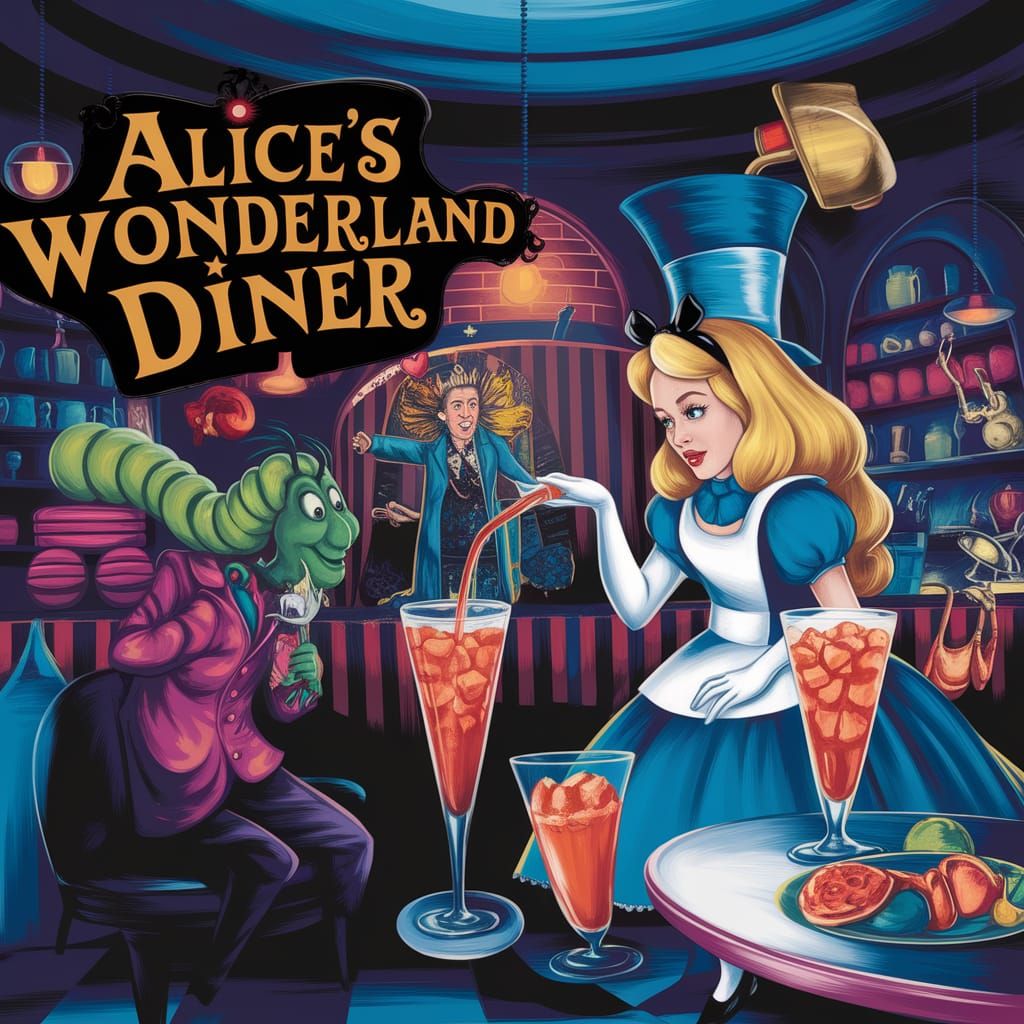 1960s psychedelic comedy movie poster. Title, "Alice's Wonderland Diner". Alice in the Wonderland nightclub where the Qu...