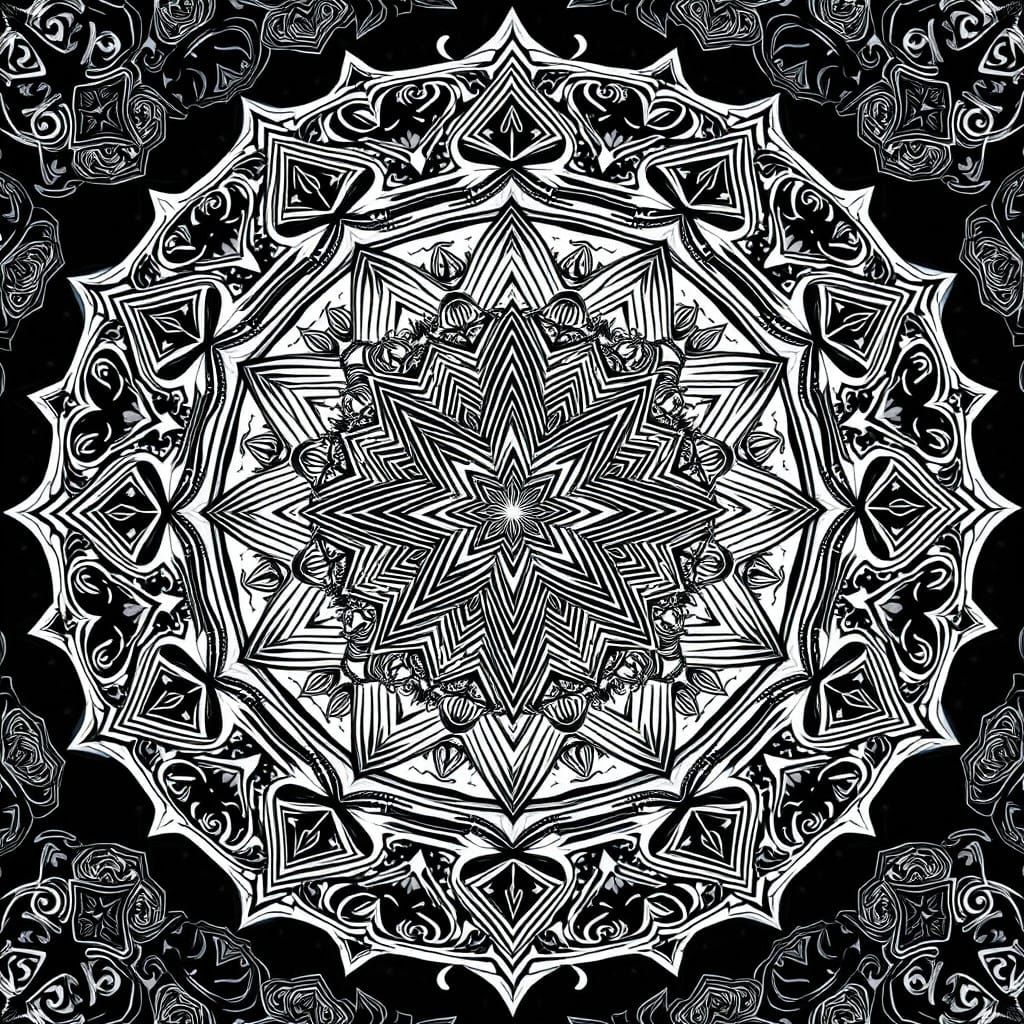 Symmetrical Black and White Mandala with Fractals and Patter...