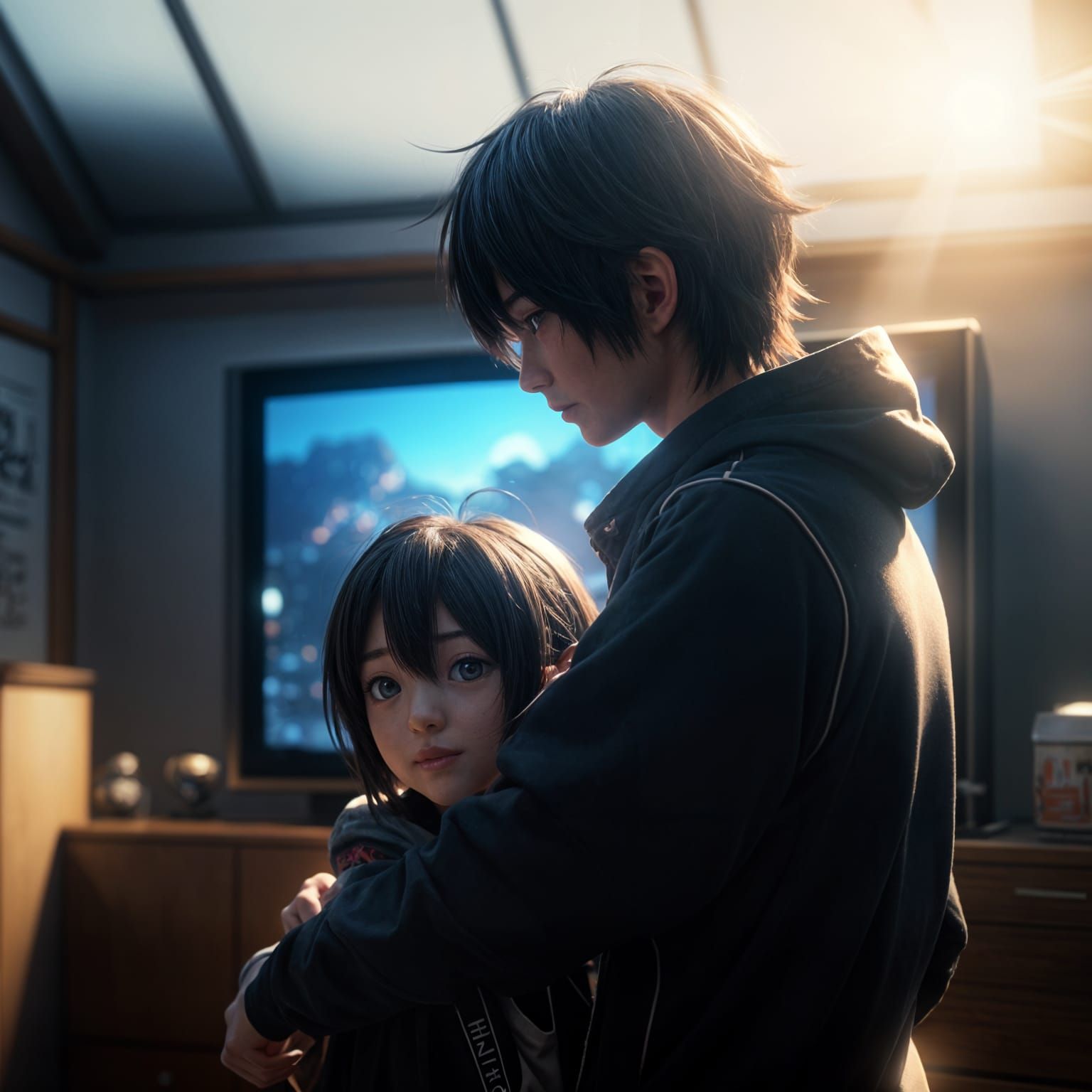 Vibrant 3D Anime Art of TV Girl Hugging Boy