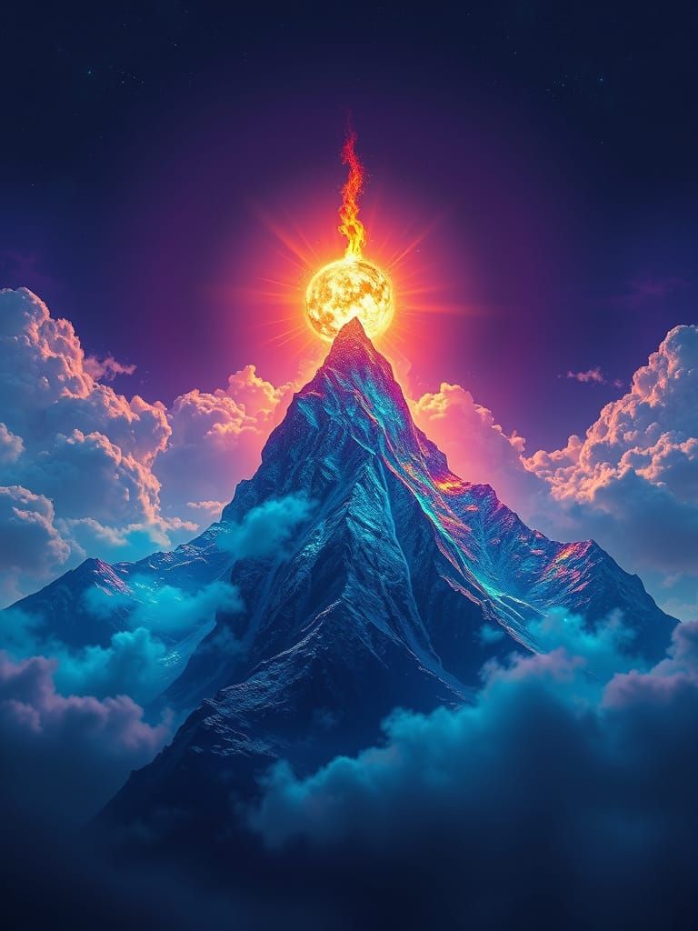 Surreal Mountain Landscape in Neon Colors with Radiant Sun