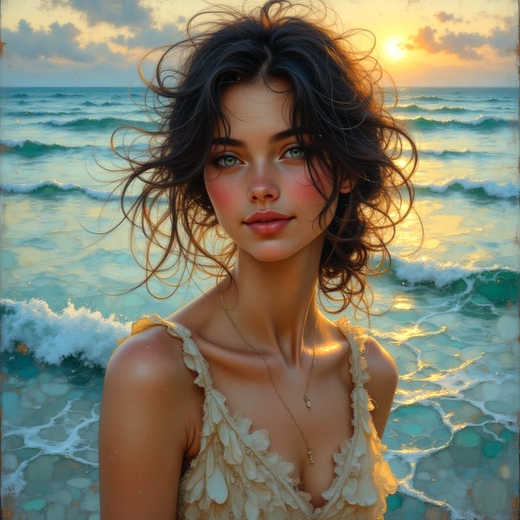 Twilight Beach Portrait in Impressionist Oil Painting Style