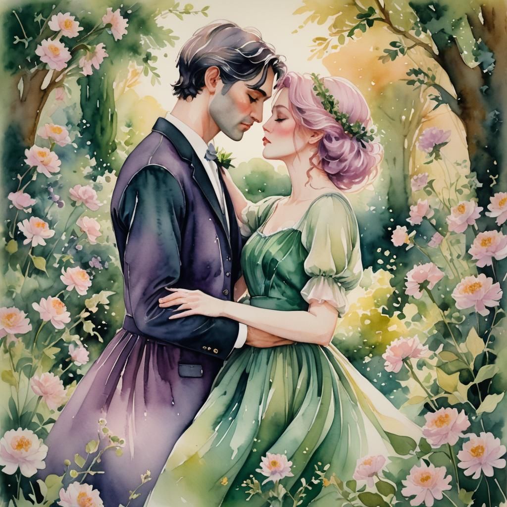 Romantic Watercolor: Woman and Man in Dreamy Garden