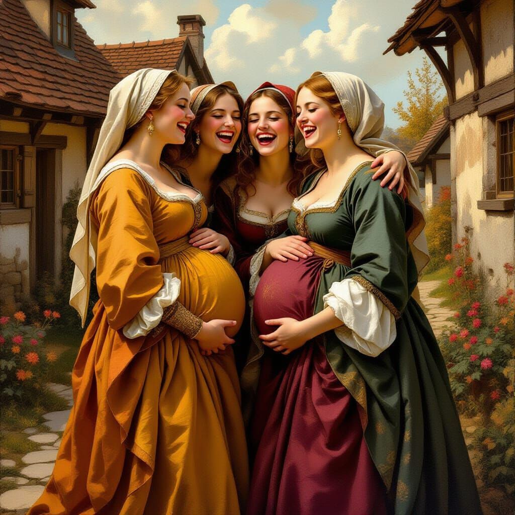 Medieval Pregnant Women Laughing in Renaissance Style