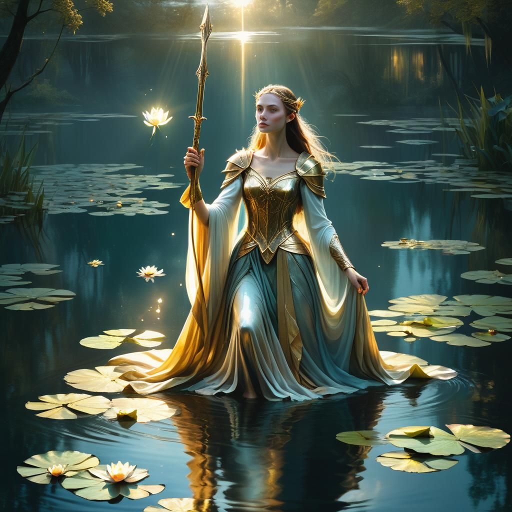 Regal Woman Emerges from Lake with Excalibur