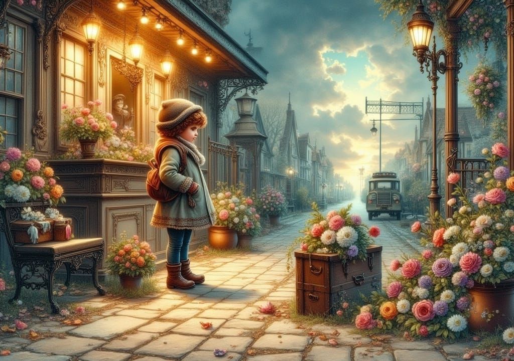 Girl Awaits Parents: Vintage Card Illustration