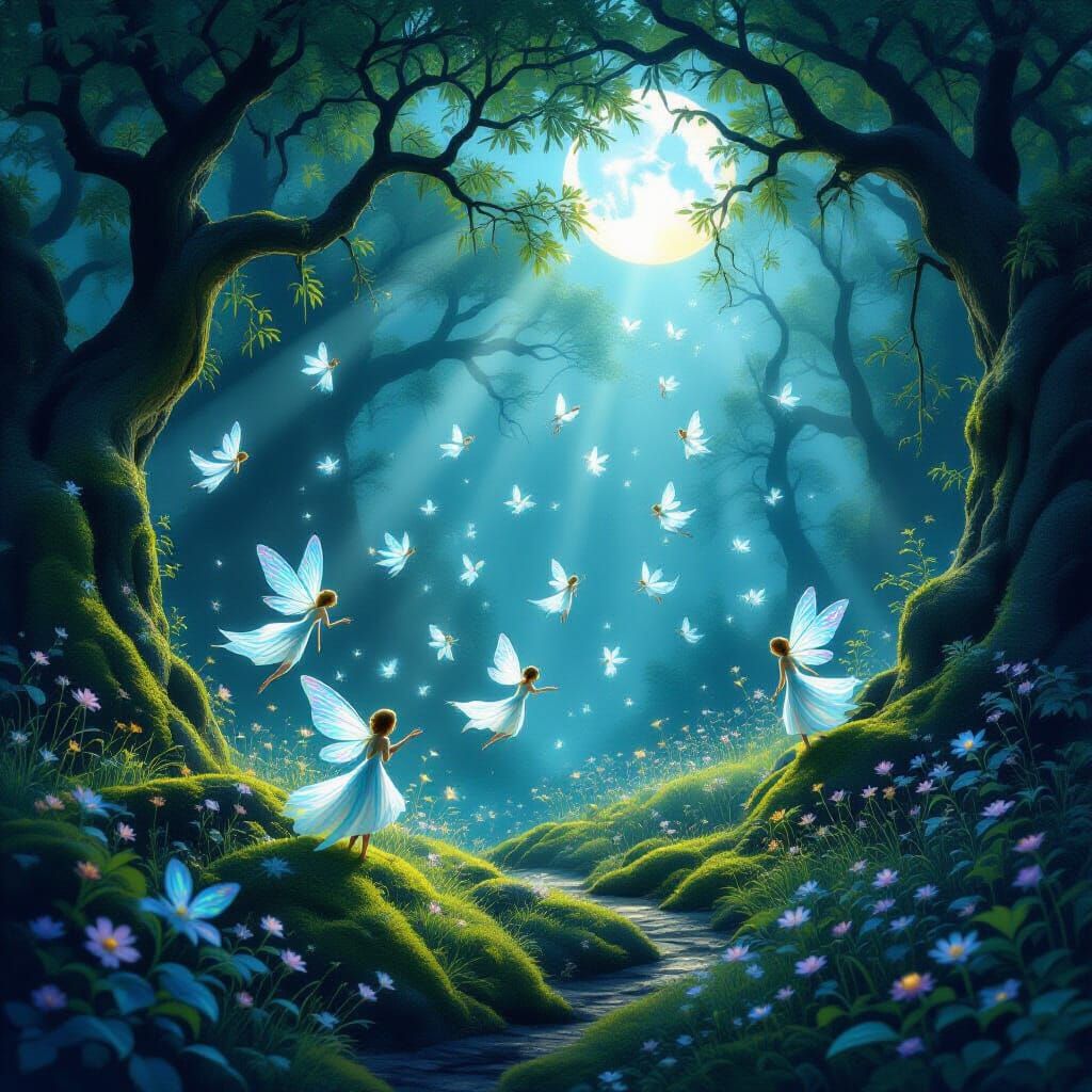 Iridescent Fairies in Enchanted Moonlit Forest Glade