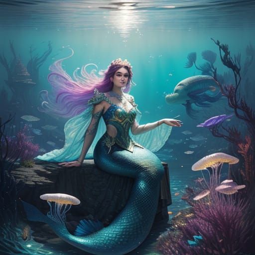 Regal Mermaid Goddess in Vibrant Underwater Cityscape