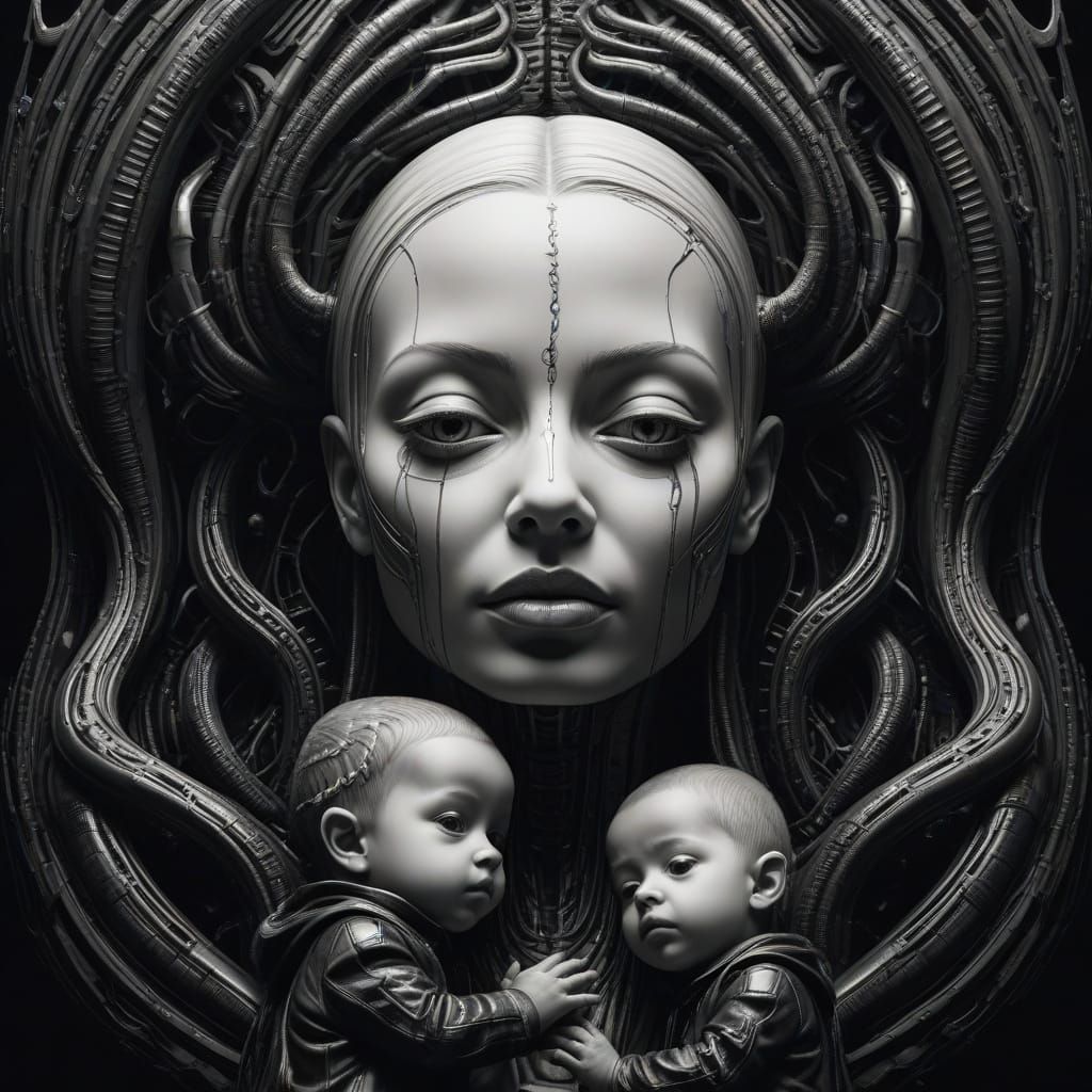 Mother and Children in Embossed Calligram, Giger Style