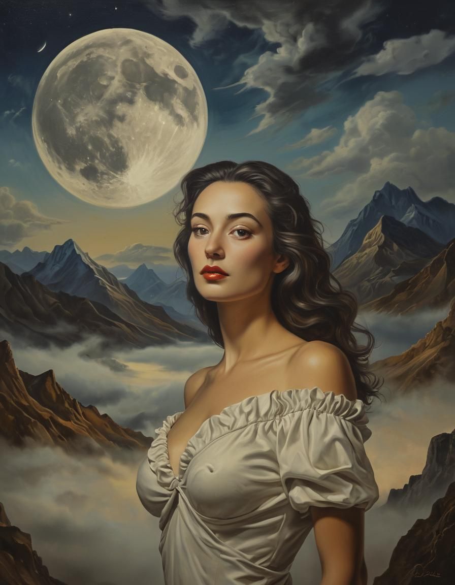 Surreal Woman in Moonlit Landscape, Dali Oil Painting