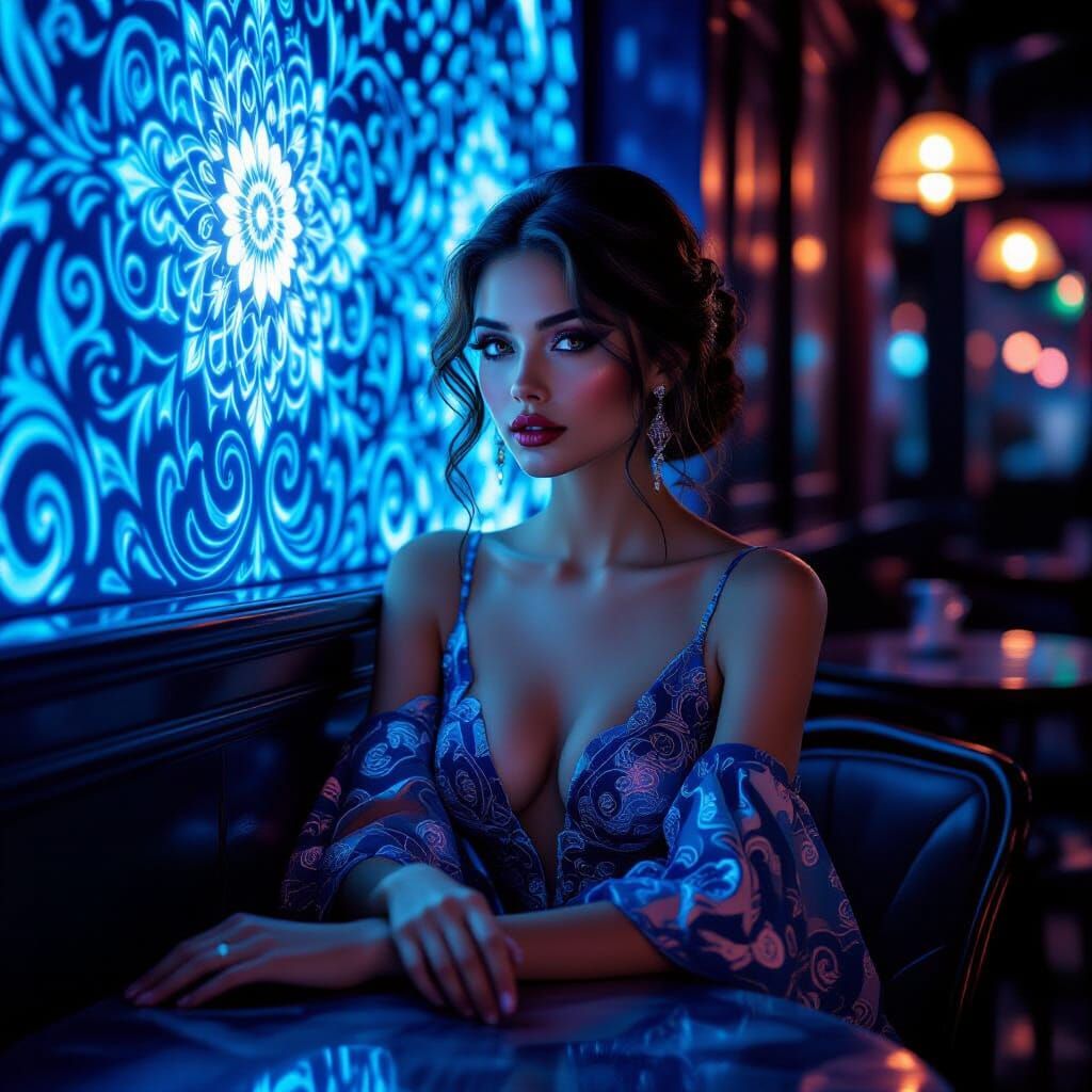 Glamorous Woman in Ethereal Night Cafe, Surrealist Painting