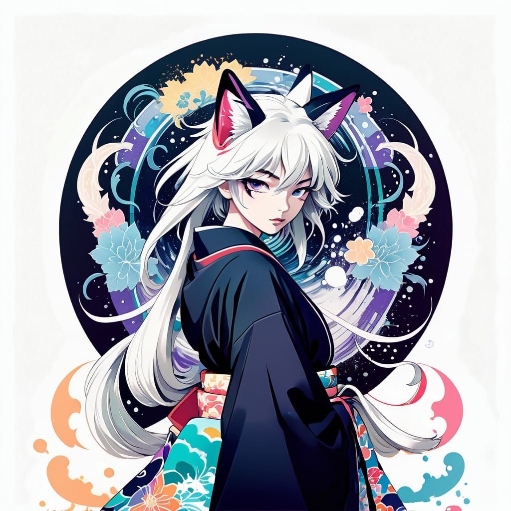 Cyberpunk-Inspired Anime Art: Tomoe Fox-Man in Vibrant Kimon...