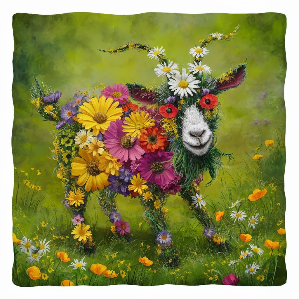 Floral Goat in Lush Meadow: Whimsical AI Art