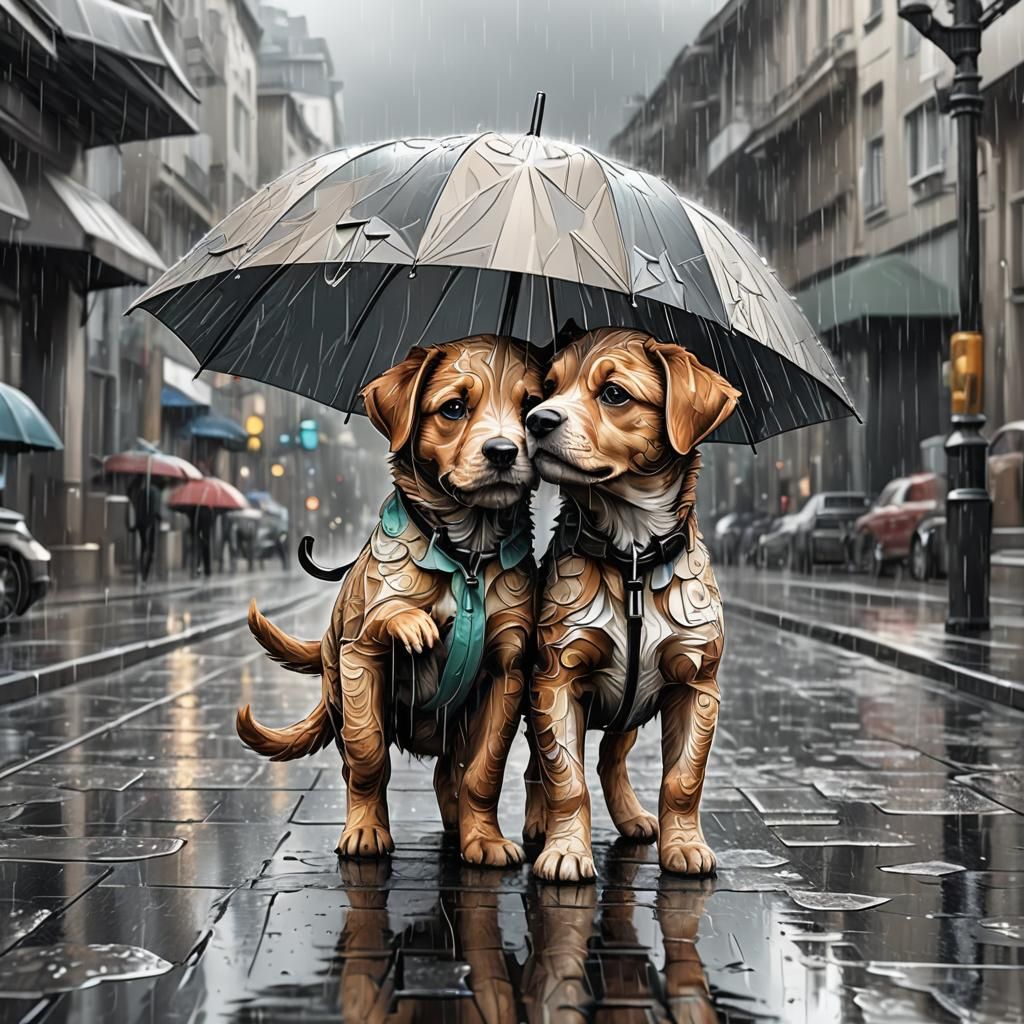Puppies Walking in Rain: Abstract Vector Art